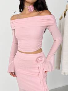 SHEIN 少女合身休闲简约舒适露肩喇叭袖上衣，3D 花卉装饰，A 字裙套装 - 粉色 - 查看 3