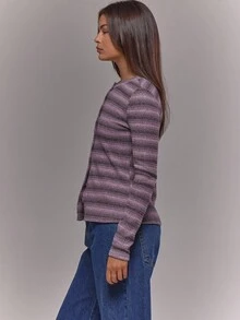 MUSERA Áo nữ dài tay kẻ sọc, chất liệu vải dệt, cài cúc phía trước, thích hợp cho mùa xuân hè và các dịp lễ. - Màu tím - Xem 4