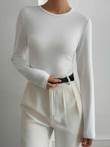 Livesso Women's Casual Solid Color Round Neck Slim Fit Base Layer T-Shirt, Autumn/Winter Long Sleeve Women - White - View 3