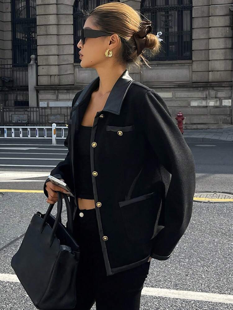 Women's Casual Jacket With Collar Patchwork, Autumn/Winter Leather Jacket