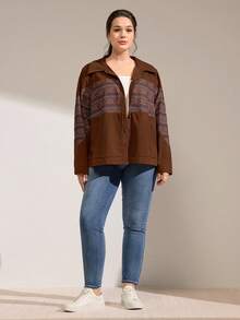 Momelise Plus Size Corduroy Contrast Color Print Long Sleeve Shirt - Coffee Brown - View 4