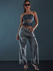 Denimoi Pantalones vaqueros de pierna ancha con patrón de rayas y puños