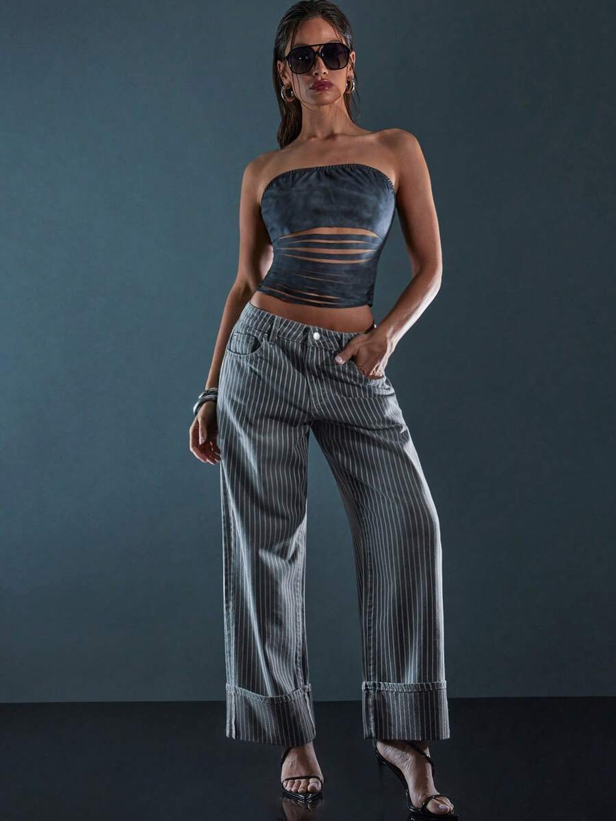 Denimoi Pantalones vaqueros de pierna ancha con patrón de rayas y puños