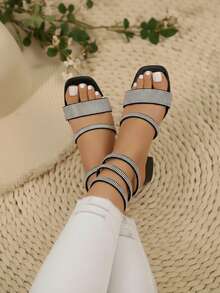 Mujer Sandalia Lujo Brillantes Punta Cuadrada Multi-Tiras Tacón Bajo Glamour Fiesta Verano - Negro - Ver 2