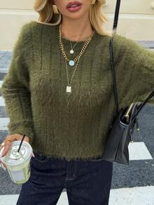 Livesso Loose Casual Business Style Fuzzy Short Knit Sweater, Green, Suitable For Autumn, Winter, New Year, Christmas