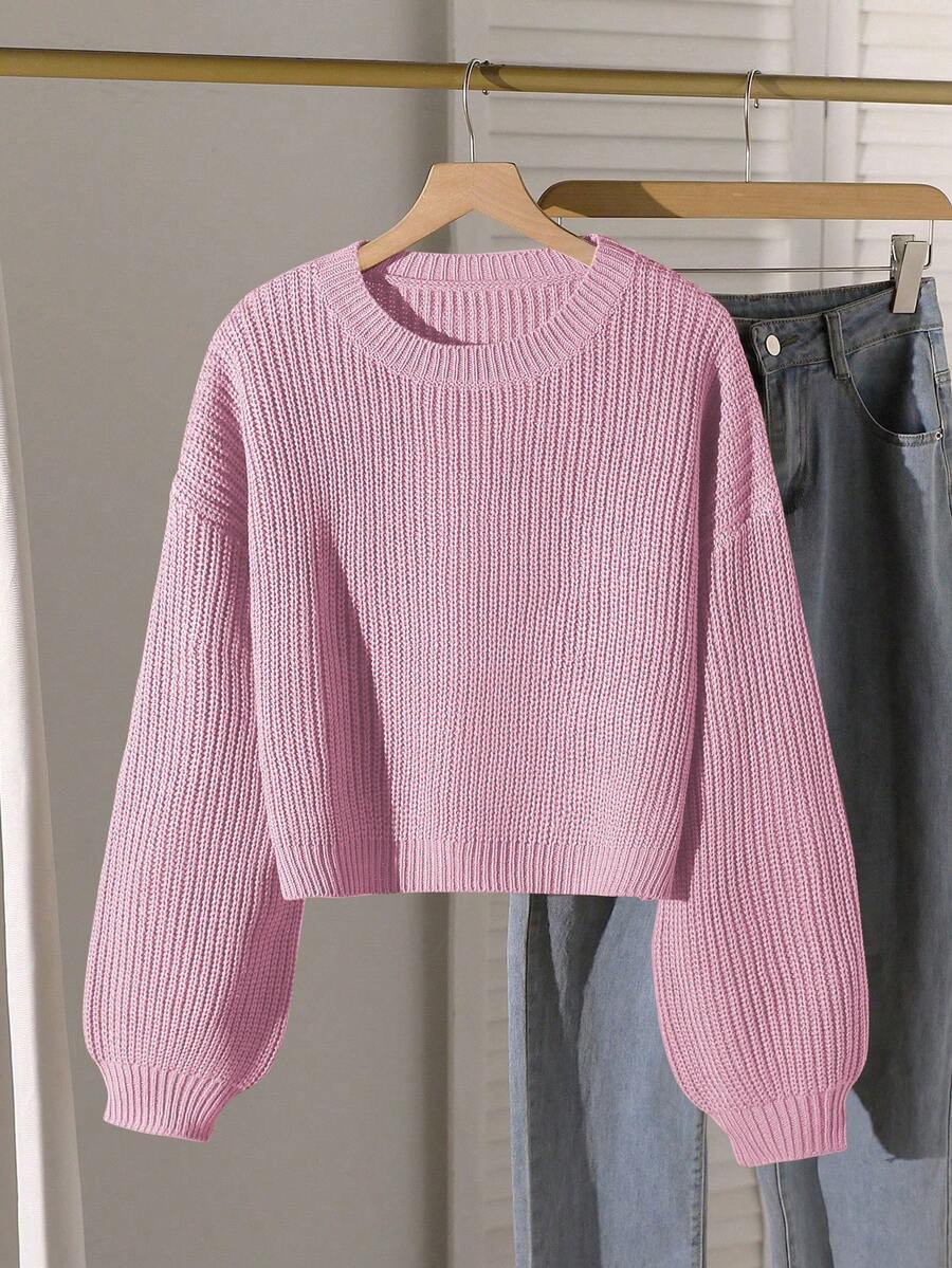 Solid Color Casual Loose Pullover Sweater For Women, Round Neck, Autumn/Winter New, Versatile Knitted Top, Short Style Teen Girl Jumpers Pink Cropped Sweater Cropped Sweater Cropped Knit Sweater Sweater For Teens Tween Girl Clothes Sweaters Summer Clothes For Teens Sweater Soft Girl Clothes Tops Cute Cute Core Clothes Solid Color Top Pink Sweater - Pink - View 1