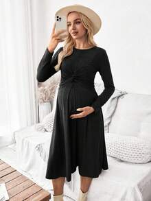 SHEIN 孕妇休闲纯色扭纹哺乳连衣裙，秋季