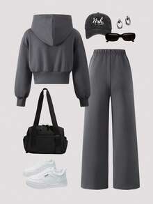Girls Casual Knit Solid Color Front Graphic Letter Print Drop Shoulder Long Sleeve Drawstring Waist Hoodie Top & Pants 2 Piece Set - Grey - View 2