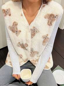 DAZY Women's Bear Pattern Fleece Sleeveless Fluffy Cozy Pajama Top, Winter - White - View 4