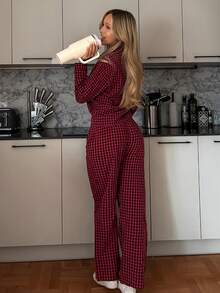DAZY 2pcs Plaid Embroidery Pattern Loose Long Sleeve Top & Long Pants Women Pajama Set, Winter Clothes - Burgundy - View 2