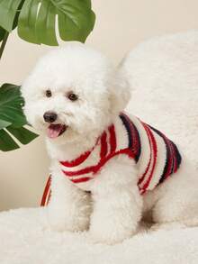 PETSIN 1件宠物猫狗通用时尚红蓝白印花双面弹力毛绒舒适保暖开襟纽扣无袖外套 - 彩色 - 查看 4