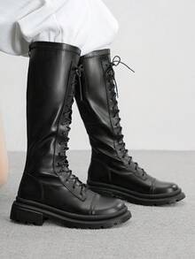 CUCCOO BIZCHIC ​​Lace-Up Knee-High Boots | Glossy Leather Finish | Adjustable Lacing System | Chunky Anti-Slip Sole | Urban Street Style Boots | 2 Pairs, Premium Faux Leather​​ - Black - View 1