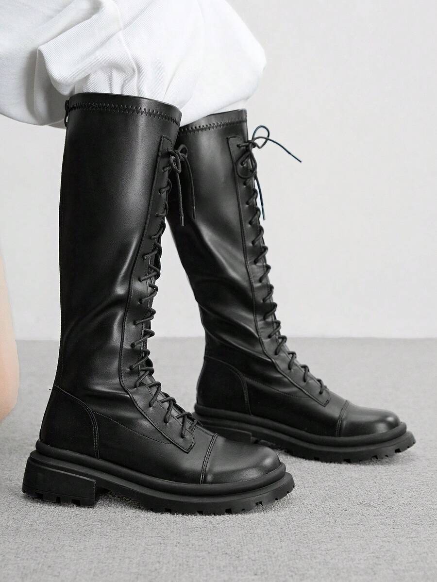 CUCCOO BIZCHIC Lace-Up Knee-High Boots | Glossy Leather Finish | Adjustable Lacing System | Chunky Anti-Slip Sole | Urban Street Style Boots | 2 Pairs, Premium Faux Leather - Black - View 1