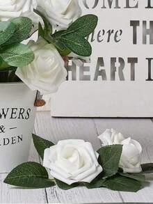 25Pcs/Bag Artificial Flowers Real Looking Foam Fake Roses With Stems For DIY Wedding Bouquets Bridal Shower Centerpieces Arrangements Party Tables Decorations(No Box, Packaged In OPP Bag) - White - View 4