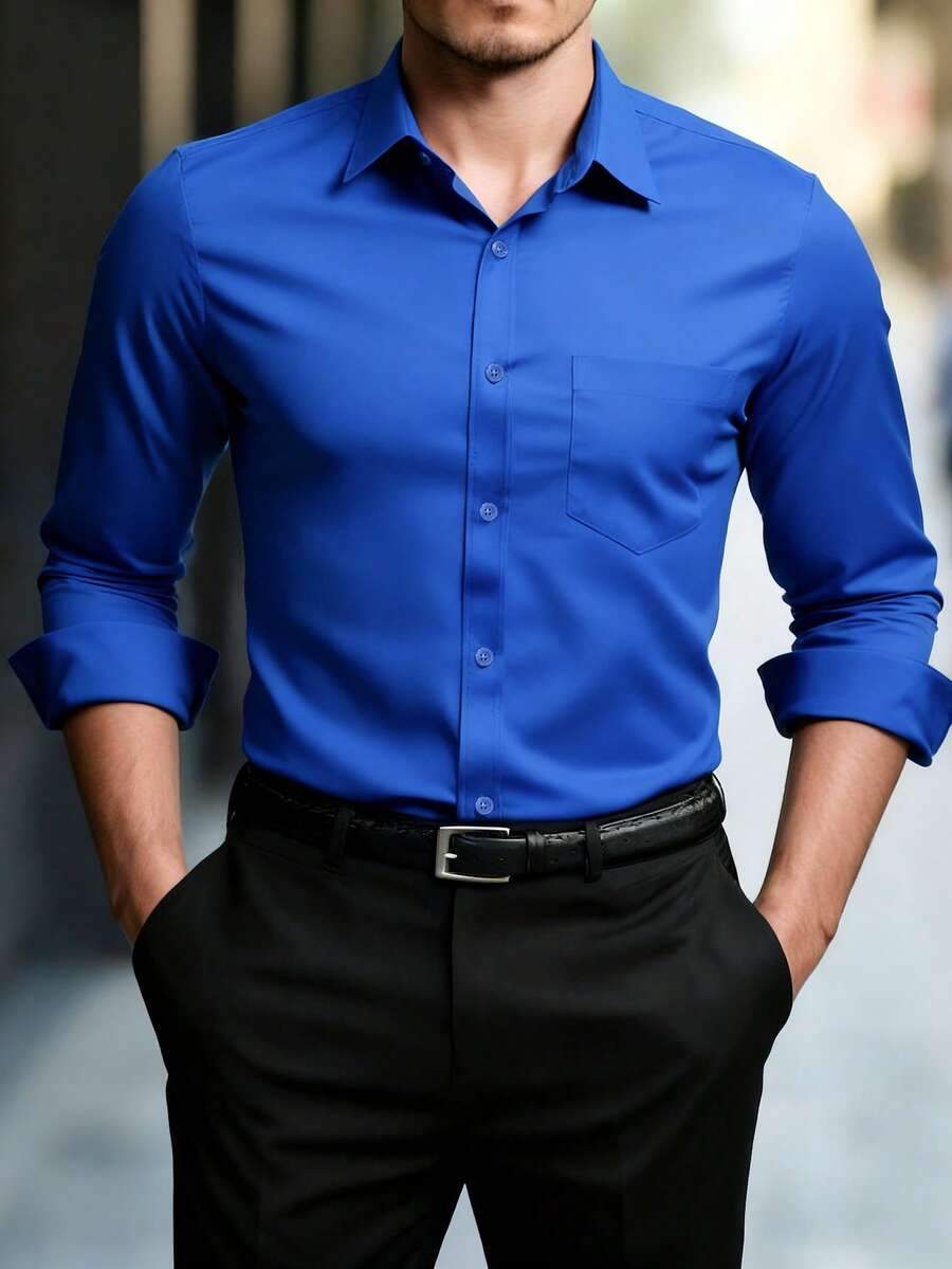 Manfinity Mode Plus Size Men's Solid Color Single-Breasted Casual Long Sleeve Shirt, Formal - Royal Blue - View 1
