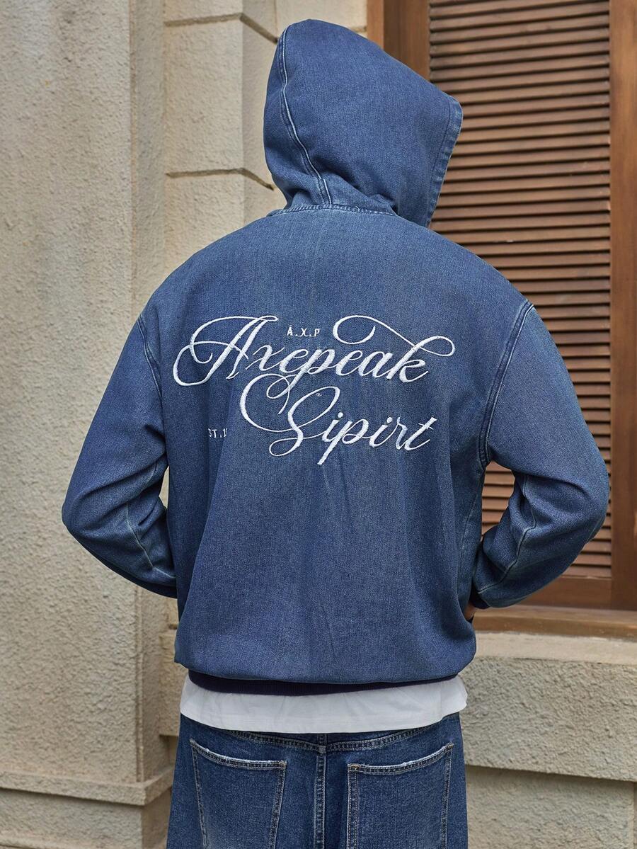 AXEPEAK 男士休闲水洗字母印花连帽牛仔夹克 - 藍色 - 查看 1