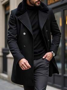 Manfinity Homme Herren Langarm Patchwork Flauschiger Stehkragen Doppelreiher Gestrickter Ausgehmantel, für Freunde, Ehemann, Freund Geschenke, Herbst/Winter