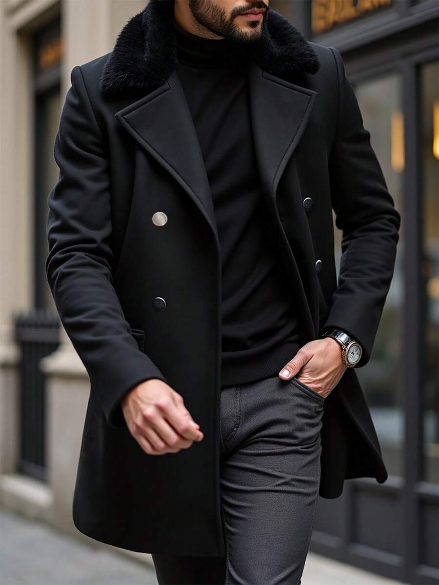 Manfinity Homme Herren Langarm Patchwork Flauschiger Stehkragen Doppelreiher Gestrickter Ausgehmantel, für Freunde, Ehemann, Freund Geschenke, Herbst/Winter