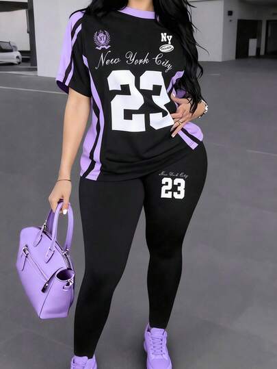 SHEIN Women's Casual Fashion Creative Number 23 & Slogan Graphic Print Short Sleeve Top And Skinny Leggings 2 Pieces Set, Street Sporty Style