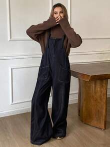 DAZY Women's Long Straight Leg Jeans Jumpsuit With Suspenders, Vacation Style - Dark Wash - View 5