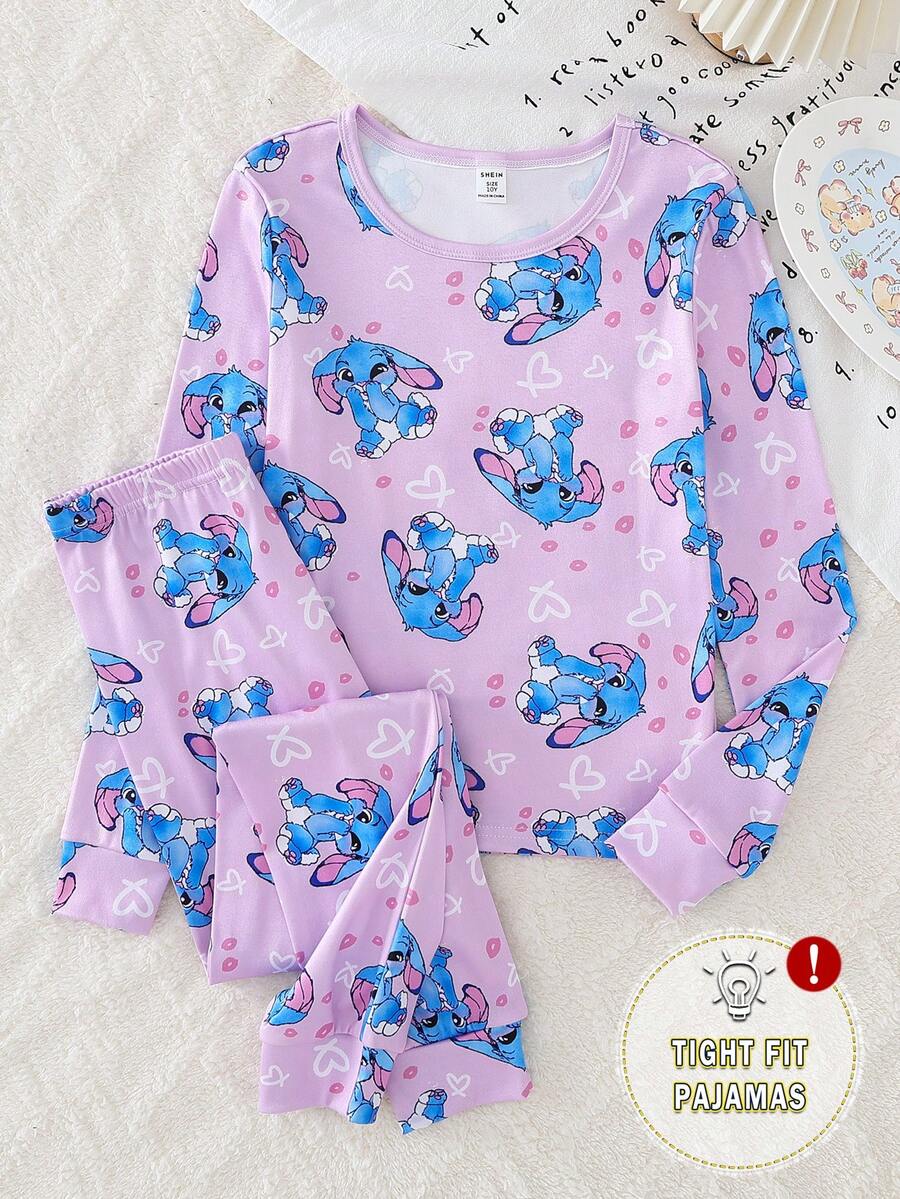 Bộ đồ ngủ 2 món in hình thỏ dễ thương màu hồng cho bé gái, cổ tròn, tay dài và quần, chất liệu vải co giãn thoải mái, vừa vặn - Nhiều màu - Xem 1