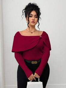 Elenzga 大码女式优雅设计针织套头衫 - 酒紅色 - 查看 4
