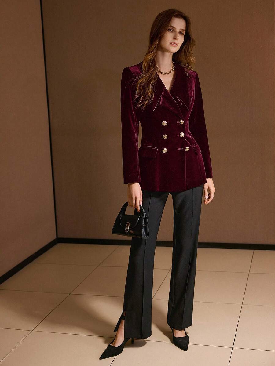 MOTF PREMIUM VELVET DOUBLE-BREASTED FITTED BLAZER - Burgundy - View 1