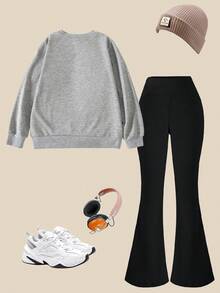 SHEIN Explorewe 少女休闲舒适时尚多功能创意韩流卡通女孩图案卫衣和黑色喇叭裤套装，时尚街头风图案套头卫衣和喇叭裤，适合秋冬季Y2K风格服装，妈妈女孩两件套 - 彩色 - 查看 2