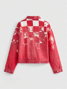 ROMWE MEN Street Life 男士秋季格子长袖拉链休闲牛仔夹克 - 紅色 - 查看 2