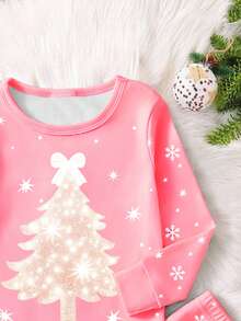 SHEIN Perso Play 一套女婴圣诞主题夜光圣诞树雪花印花修身长袖上衣和裤子睡衣套装，春秋季，节日礼物，女婴圣诞修身款 - 粉色 - 查看 4