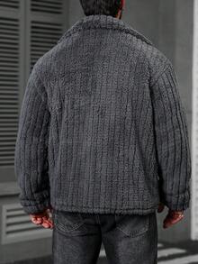 Manfinity CasualCool 男士抓绒法兰绒深灰色夹克，常规版型，袖长至手腕，休闲舒适，男士针织纽扣羊毛夹克，冬季款