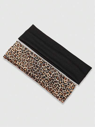 ROMWE Goth 2pcs Leopard Print & Solid Color Headbands, Retro Streetwear Style, Versatile For Daily Wear, Parties, Multi-Occasions