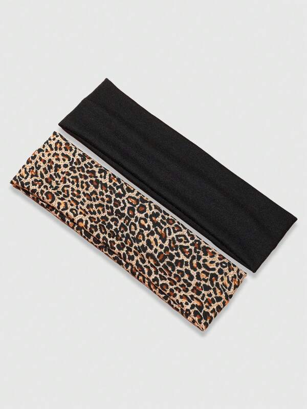 ROMWE Goth 2pcs Leopard Print & Solid Color Headbands, Retro Streetwear Style, Versatile For Daily Wear, Parties, Multi-Occasions