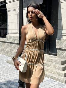 Zielony 女式纯色水钻装饰露背短款连衣裙 - 卡其色 - 查看 5