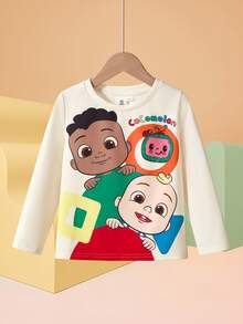 CoComelon X SHEIN Young Boy Cartoon Colorful Geometric Watermelon & Best Friend Print Loose Fit Crew Neck Long Sleeve T-Shirt Boy Graphic Shirts - Apricot - View 1