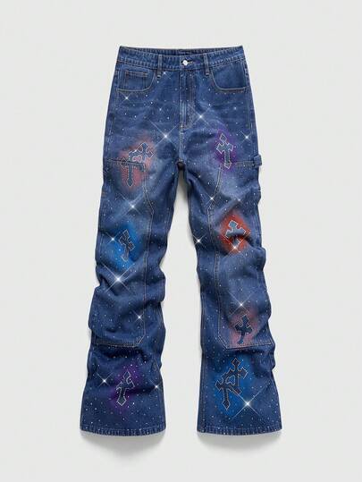 Street Life Men's Cross Print Rhinestone Embellished Flared Jeans