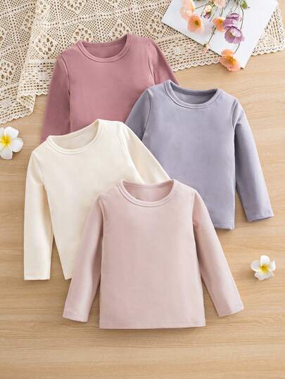 年轻女孩柔软针织圆领长袖上衣，杏色、粉色、蓝色、红色，多件套组合，秋冬内衣