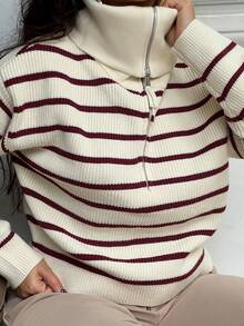 NegzBox 休闲条纹长袖半拉链套头衫秋季 - 酒紅色 - 查看 3