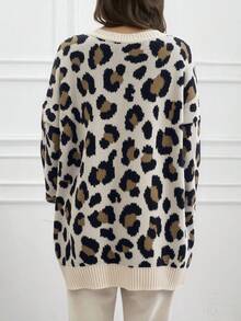 EURMUSE Woman Leopard Jacquard Print Detailed Cozy Soft Oversize Retro Casual Sweater Travel Beige Autumn - White - View 3