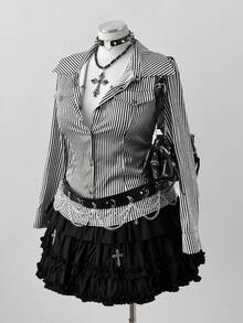 Sunspun 女士缎面经典黑白条纹收腰修身衬衫，复古美式风格，春秋 - 黑與白 - 查看 5