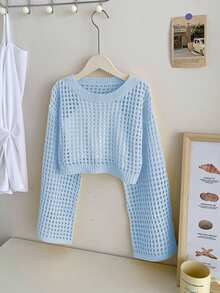 Tween Girl Solid Color Round Neck Drop Shoulder Long Sleeve Loose Hollow Out Sweater - Baby Blue - View 3