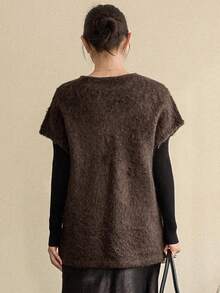 Dazy-Less 女士宽松商务休闲优雅圆领无袖棕色针织毛衣上衣，适合秋冬季 - 咖啡棕 - 查看 6