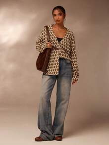 Glamine 女式时尚复古百搭V领纽扣长袖夹克 - 彩色 - 查看 4