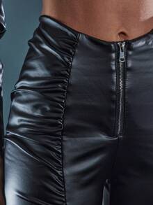 Denimoi Women's Solid Color High Waist Pleated Zipper Front PU Leather Skinny Pants - Black - View 2