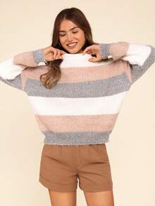 Coeurva Runder Drop Shoulder Drop Shoulder Pullover mit Farbblock Patches - Altrosa - Übersicht 4