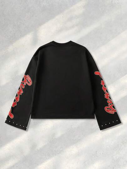 Street Life T-shirt à manches longues pour hommes avec perles et imprimé lettres et yeux, pour l'automne