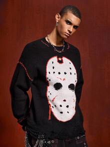 ROMWE MEN Friday the 13th X ROMWE Men's Mask Pattern Crew Neck Long Sleeve Pullover Sweater, Winter - Black - View 4
