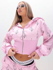 BABYPHAT Zip Through Hooded Sweatshirt With Cat Logo Print And Ribbed Hem For Casual Streetwear Style - Pink - View 6