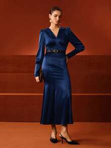 Anewsta Đầm nữ màu xanh navy mới, cổ chữ V, xếp ly, tay dài, ôm dáng, thanh lịch, phong cách công sở thường ngày, retro sang trọng, phù hợp cho Giáng sinh, Năm mới, dự đám cưới, tiệc tối. - Màu xanh hải quân - Xem 3