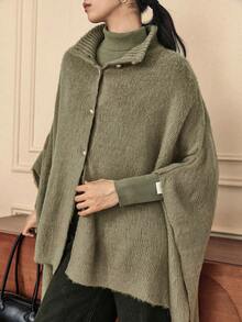 Dazy-Less Suéter de mujer de unicolor con cuello alto y mangas de murciélago, de moda para el uso diario, otoño/invierno - Caqui - Ver 3